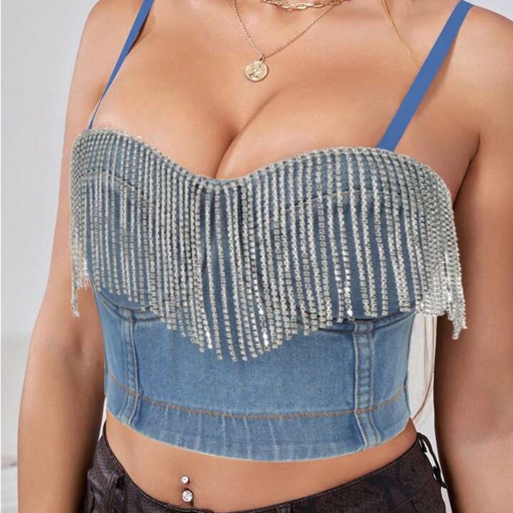 NWOT Tassel Rhinestone Denim Bustier Crop Top Jean Corset - size small